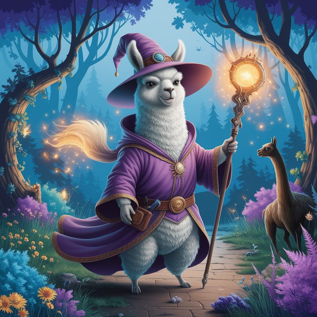 Whimsical Wizard Llama in Enchanted Forest, Digital Art