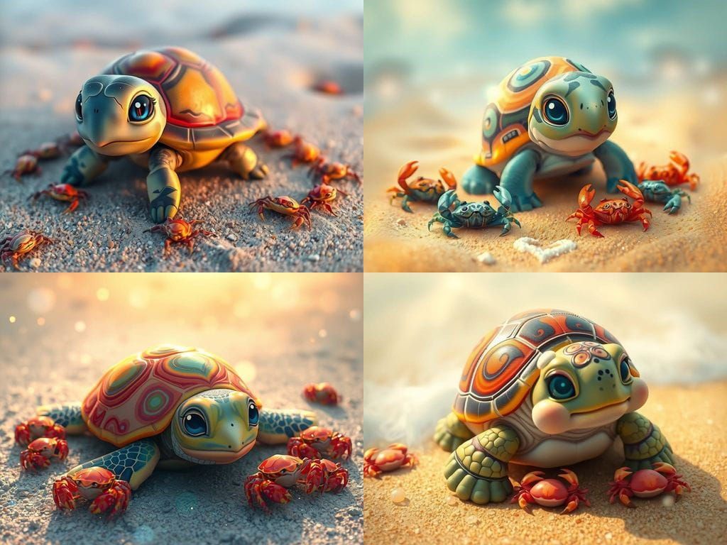 Cute Kawaii Turtle on Beach with Crabs