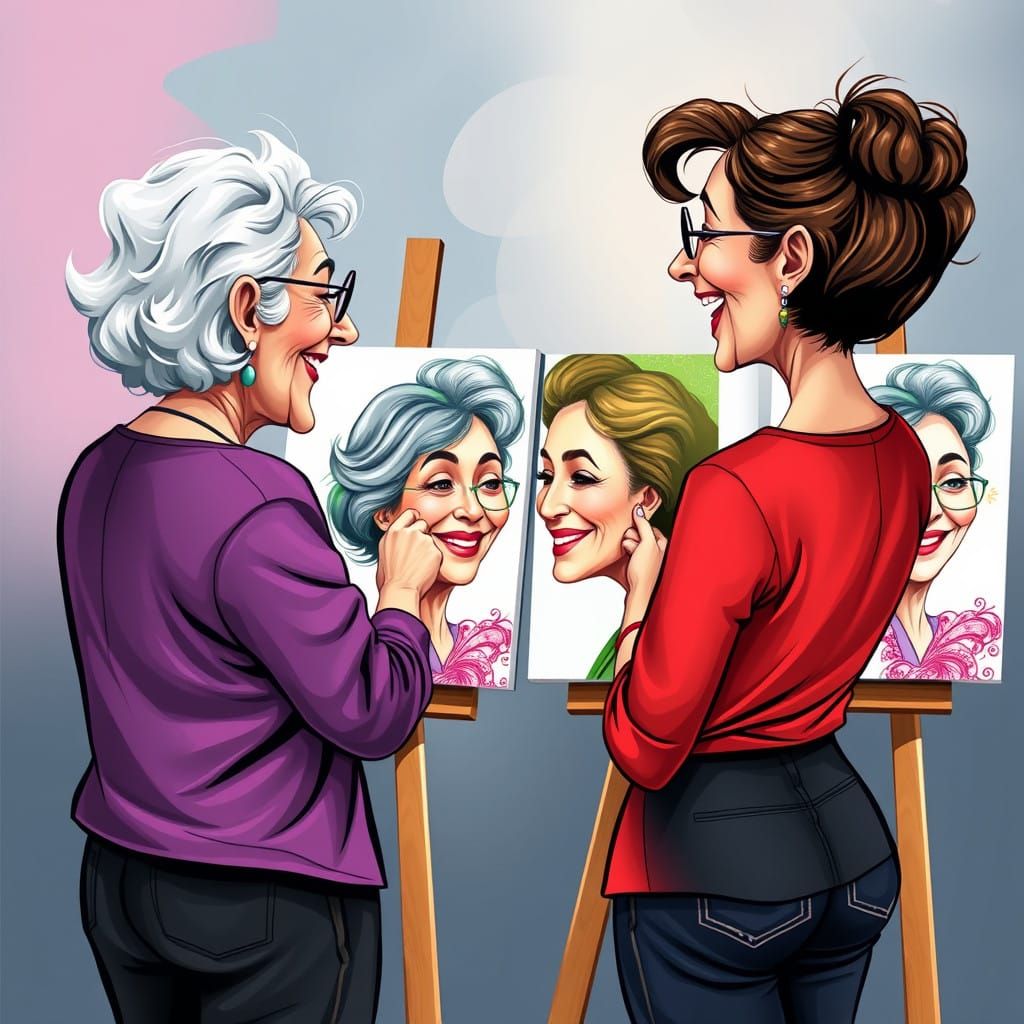 Two Ladies Laughingly Paint Each Other's Portraits in Whimsi...