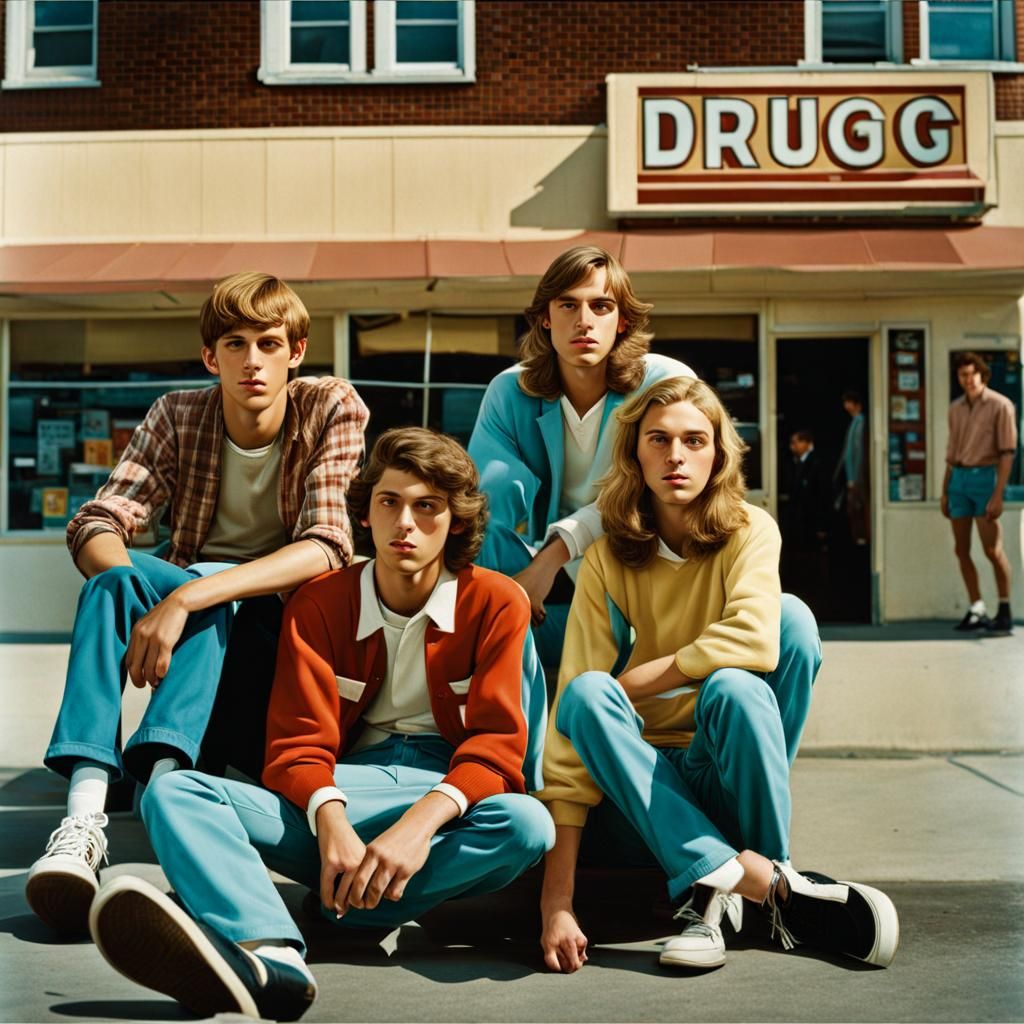 Teenagers Outside Drugstore in 1970s Photography Style