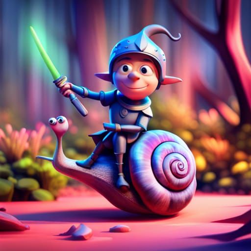 Knight Rides Snail in Forest: Pixar-Style 3D Art