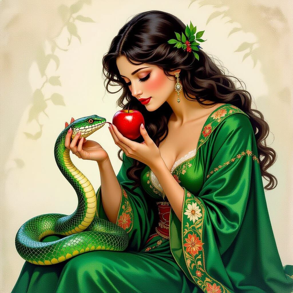 Brown Woman Feeds Apple to Serpent in Gouache Painting
