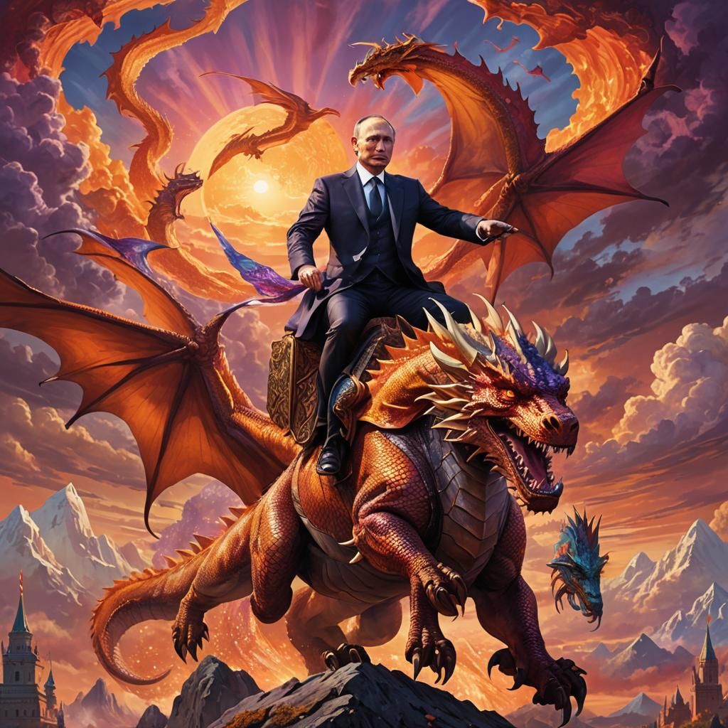 Epic Fantasy Leader Rides Dragon in Fiery Sky