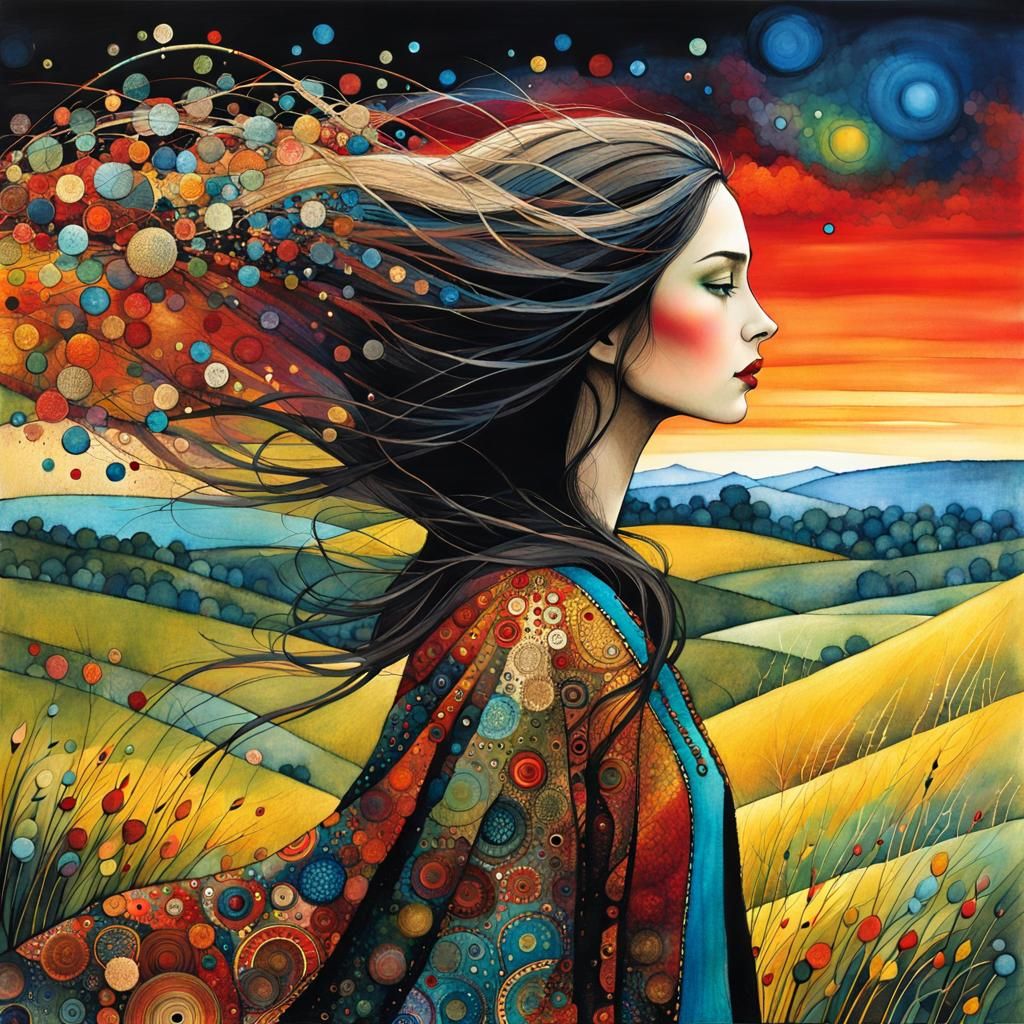 Girl on Windy Hill: Art Brut Style Illustration