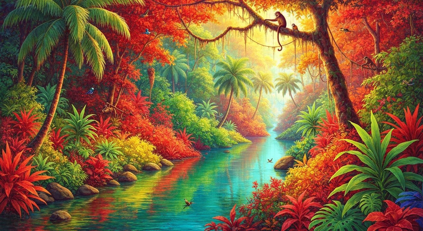 Vibrant Surreal River Flowing Through Lush Jungle