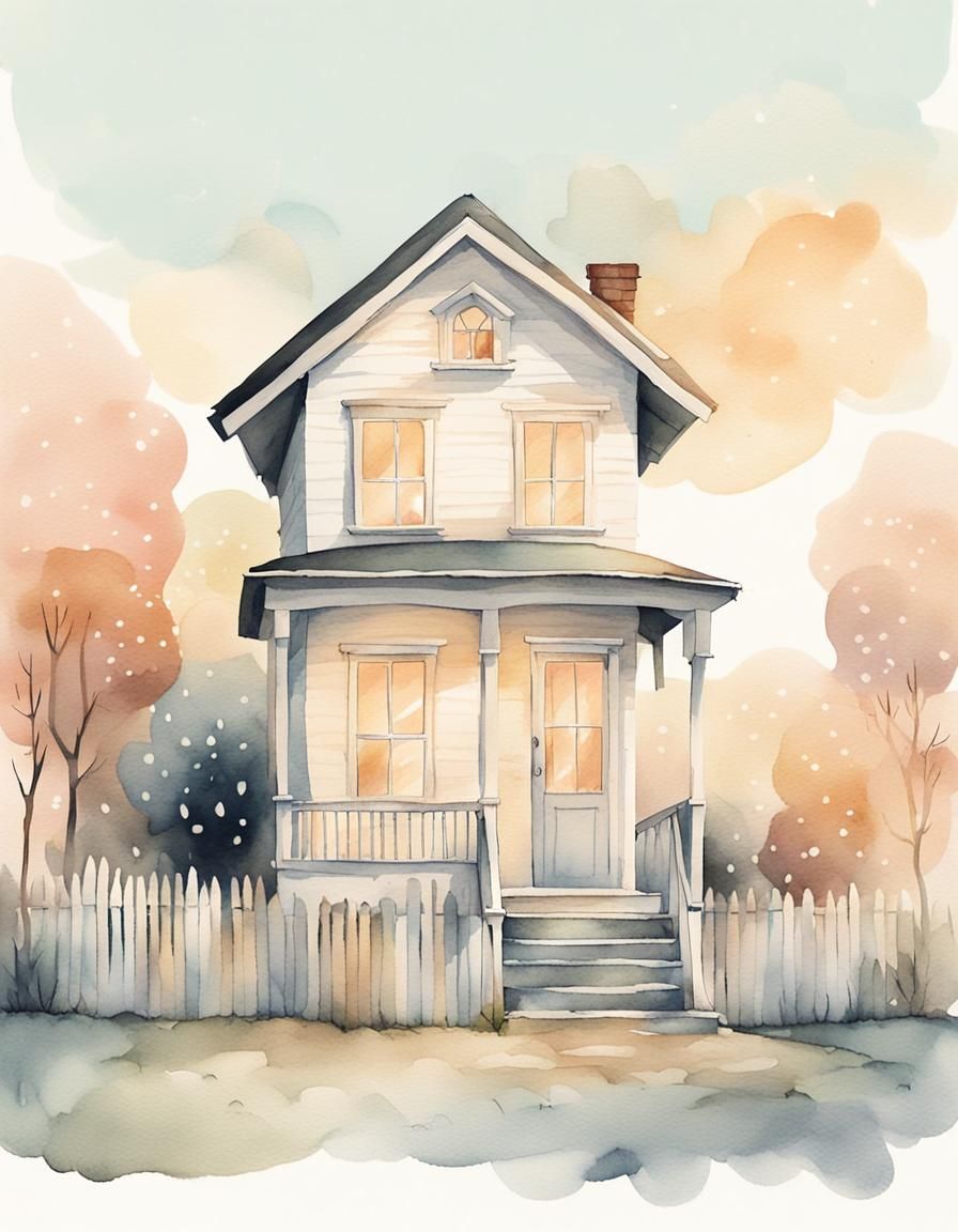 Vintage House Watercolor Illustration in Pastel Tones