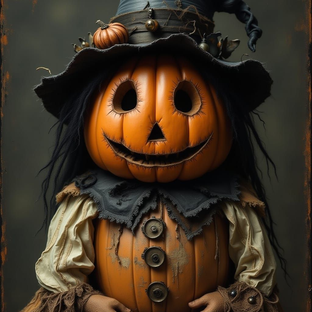 Vintage Pumpkin Scarecrow Doll with Witch Hat