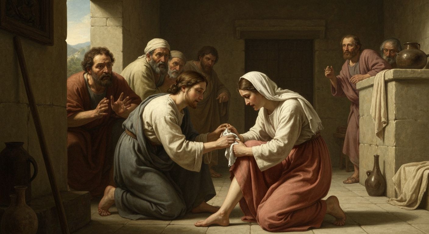 Woman Washes Jesus' Feet in Dramatic Oil Painting