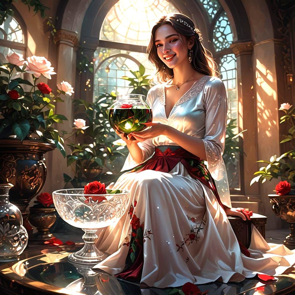 Smiling Girl Under Glass Bowl: Fantasy Art