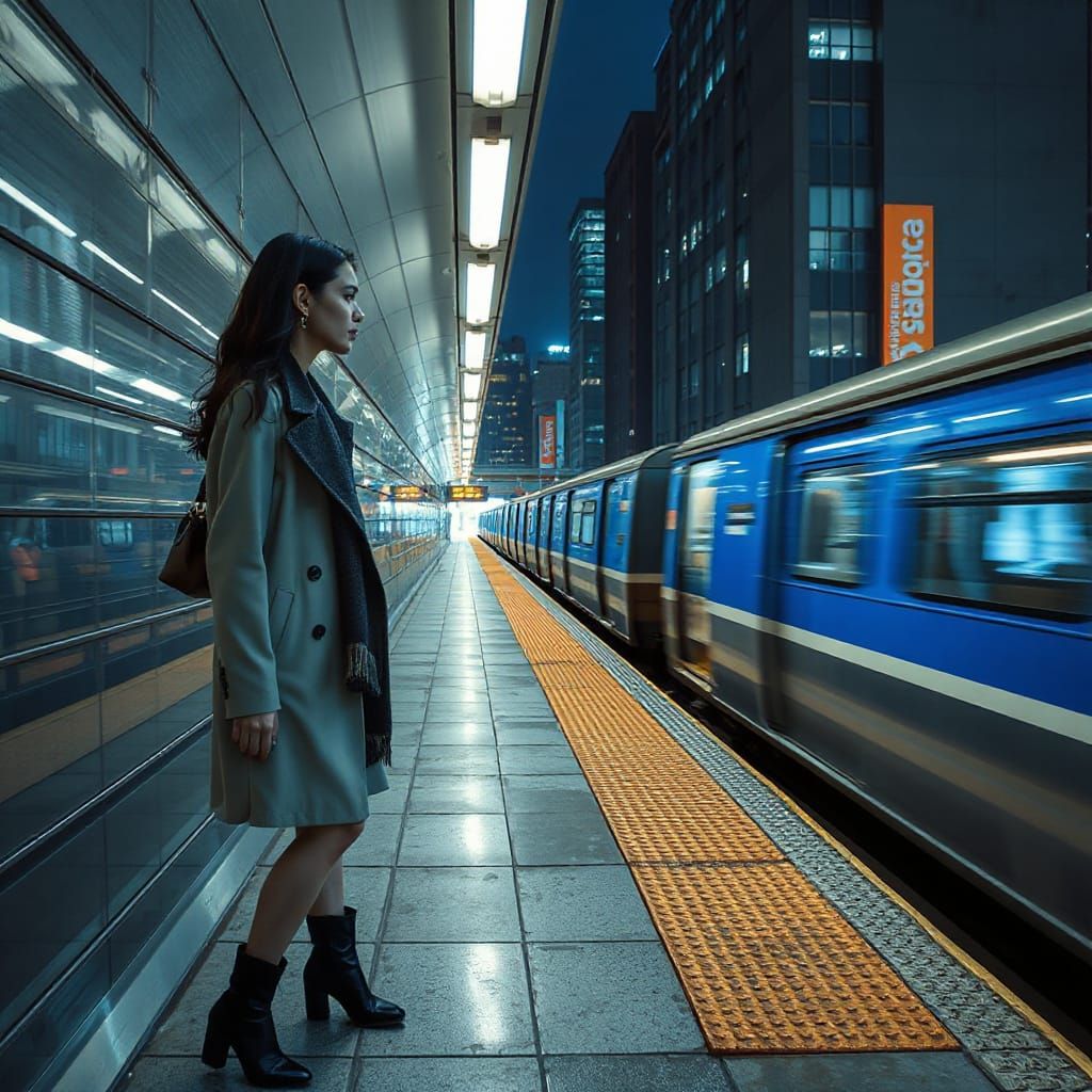 Futuristic Woman on Modern Subway Platform