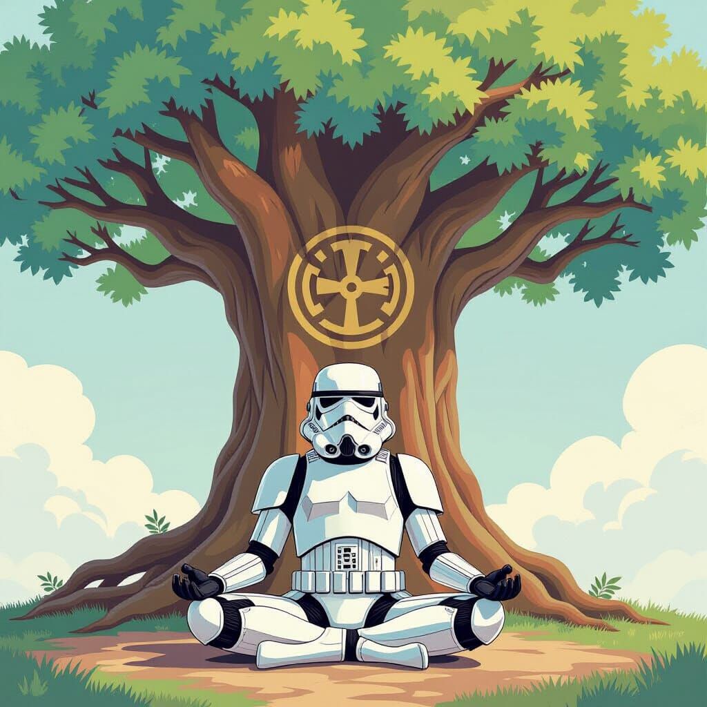 Stormtrooper Meditation Under Watercolor Bodhi Tree