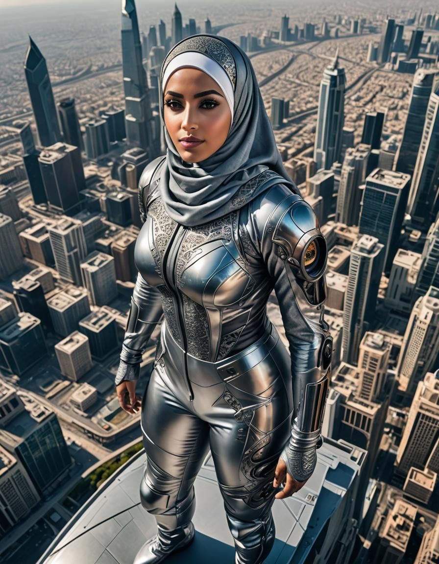 Science Fiction Portrait: Titanium-Suited Woman on Skyscrape...