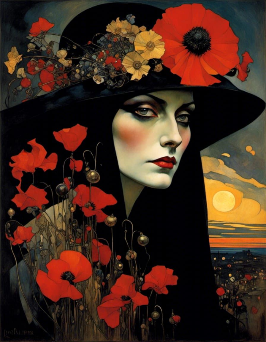 Witch Portrait with Golden Shimmer, in Illustration Style