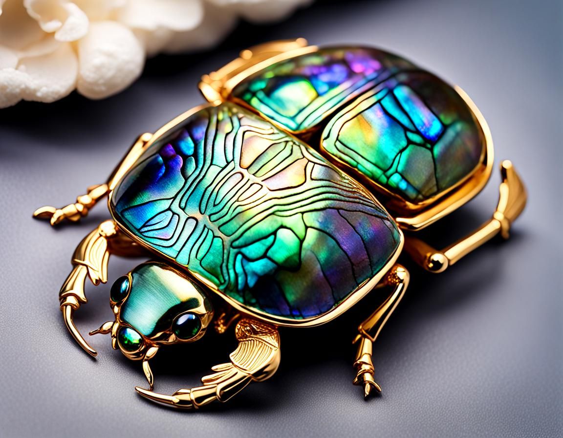 Iridescent Scarab Beetle Brooch in Abalone Shell
