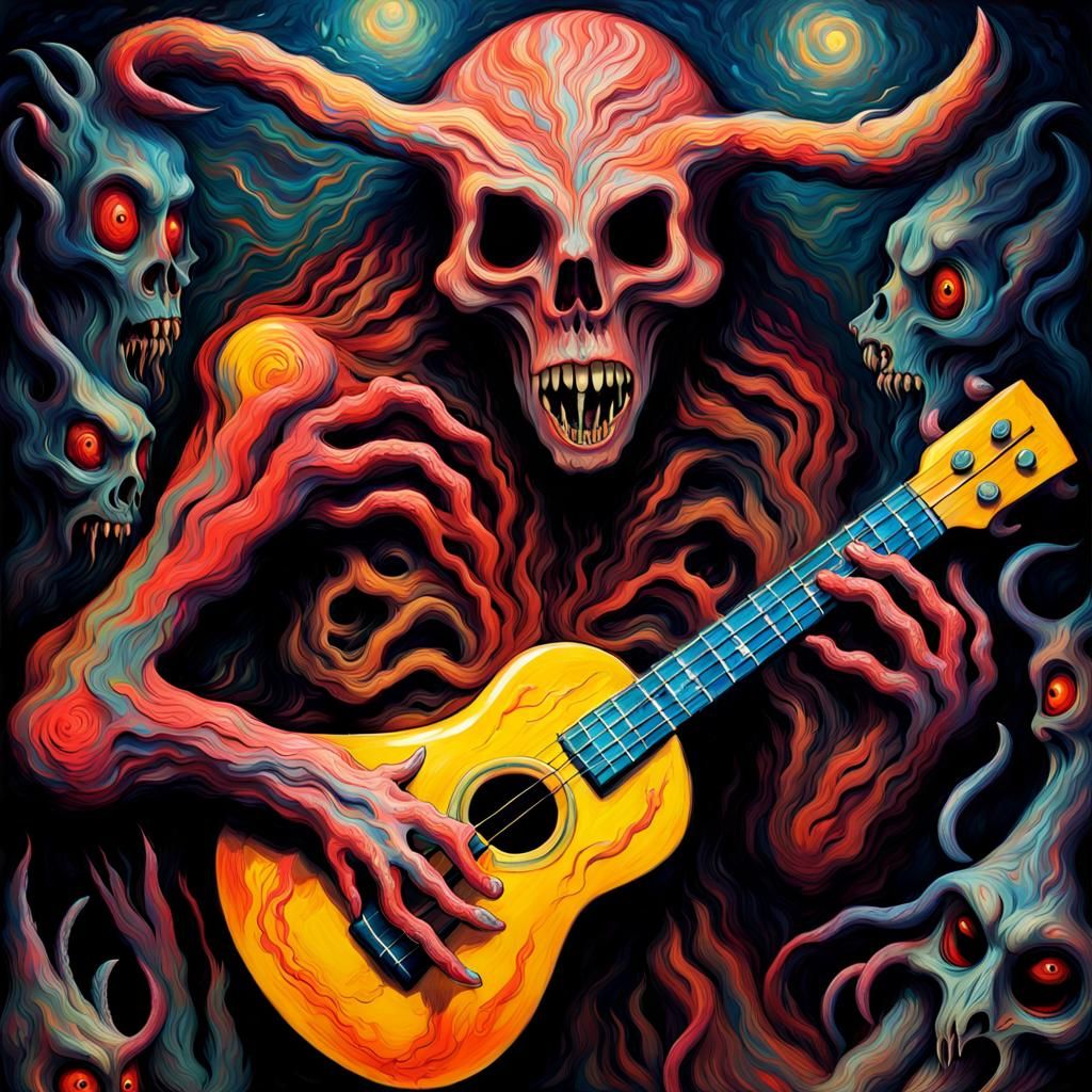Intricate Wendigo Horror Artwork with Ukulele