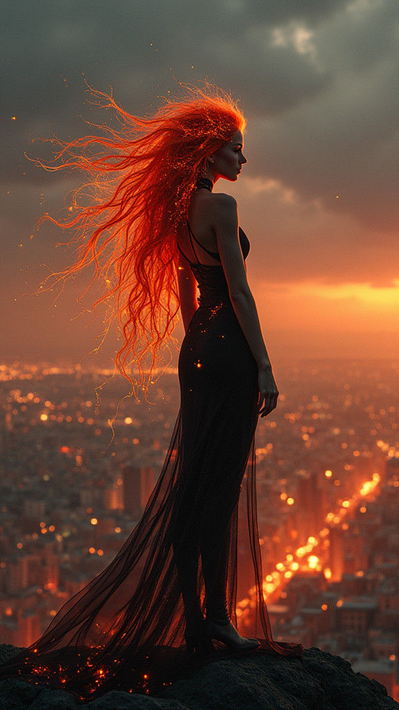 Ethereal Cosmic Goddess Unveiled in Fiery Locks