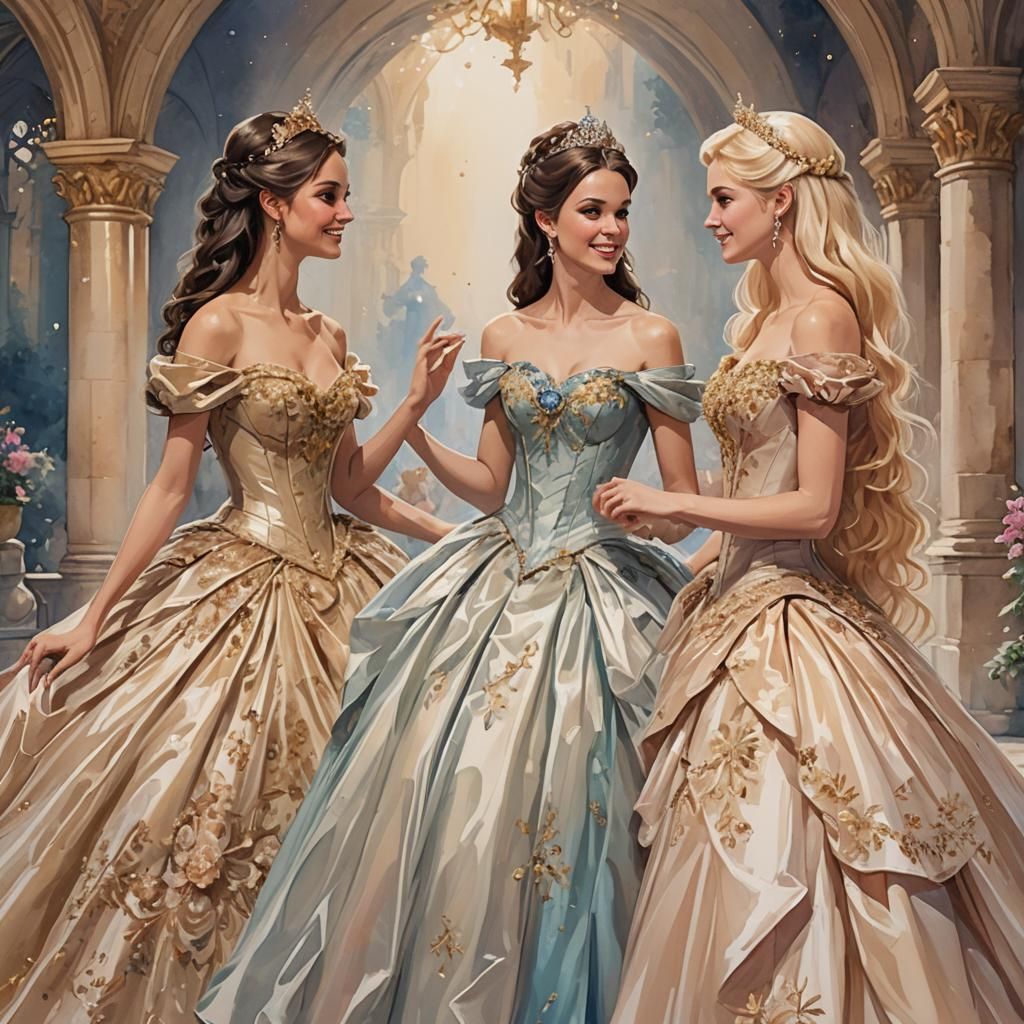 Three Girls in Fantasy Ball Gowns Talking