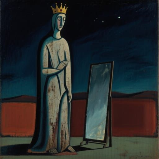 Weathered Icon Contemplates Void in Surrealist Painting