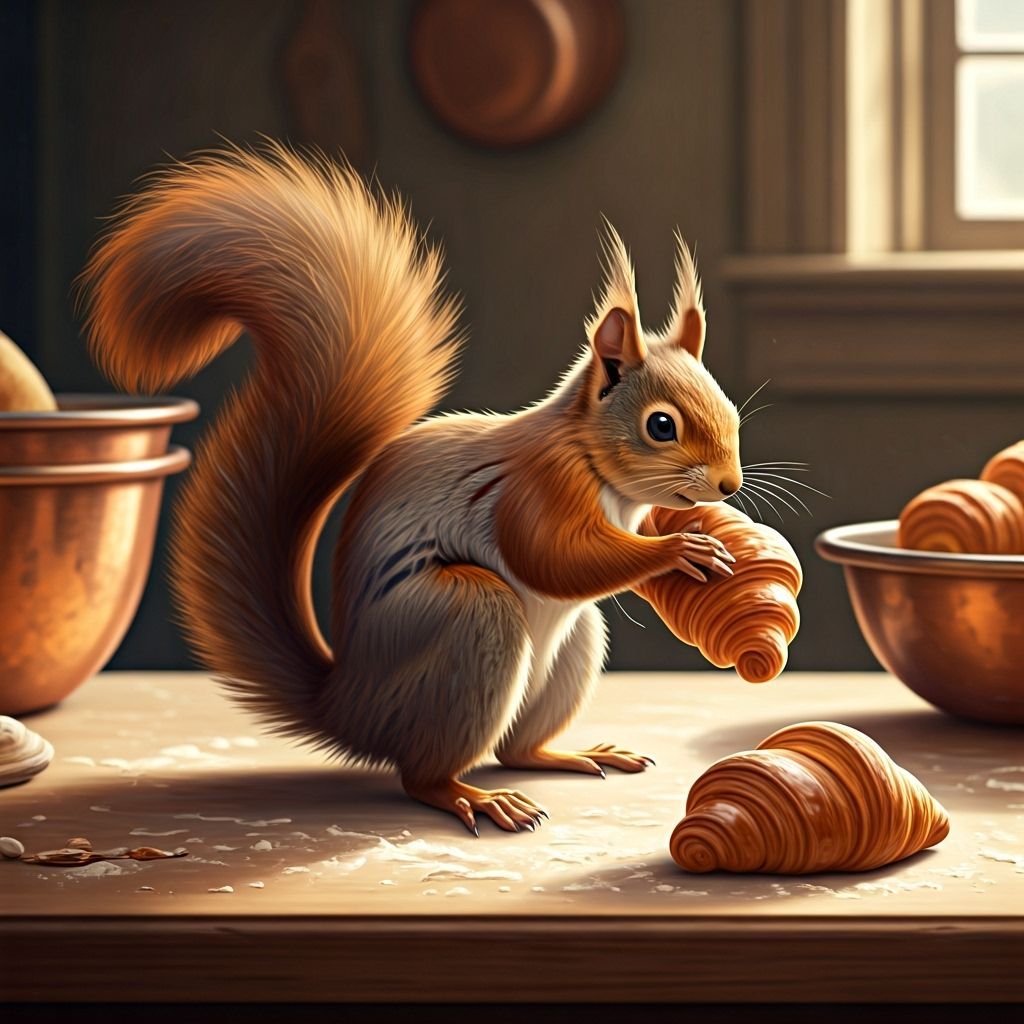 Squirrel Baker with Croissant in Whimsical Style