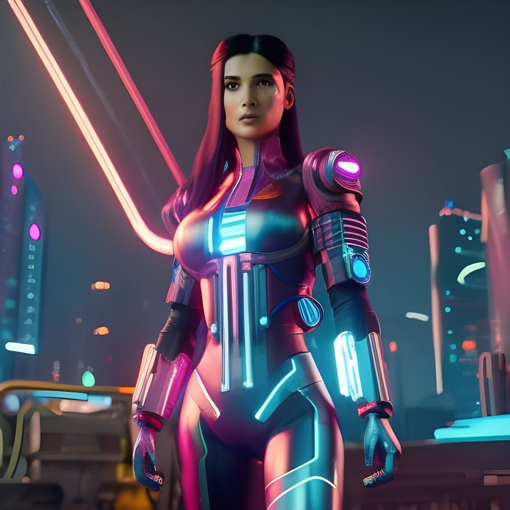 Cyberpunk Girl in Futuristic Cityscape, Neon Lighting