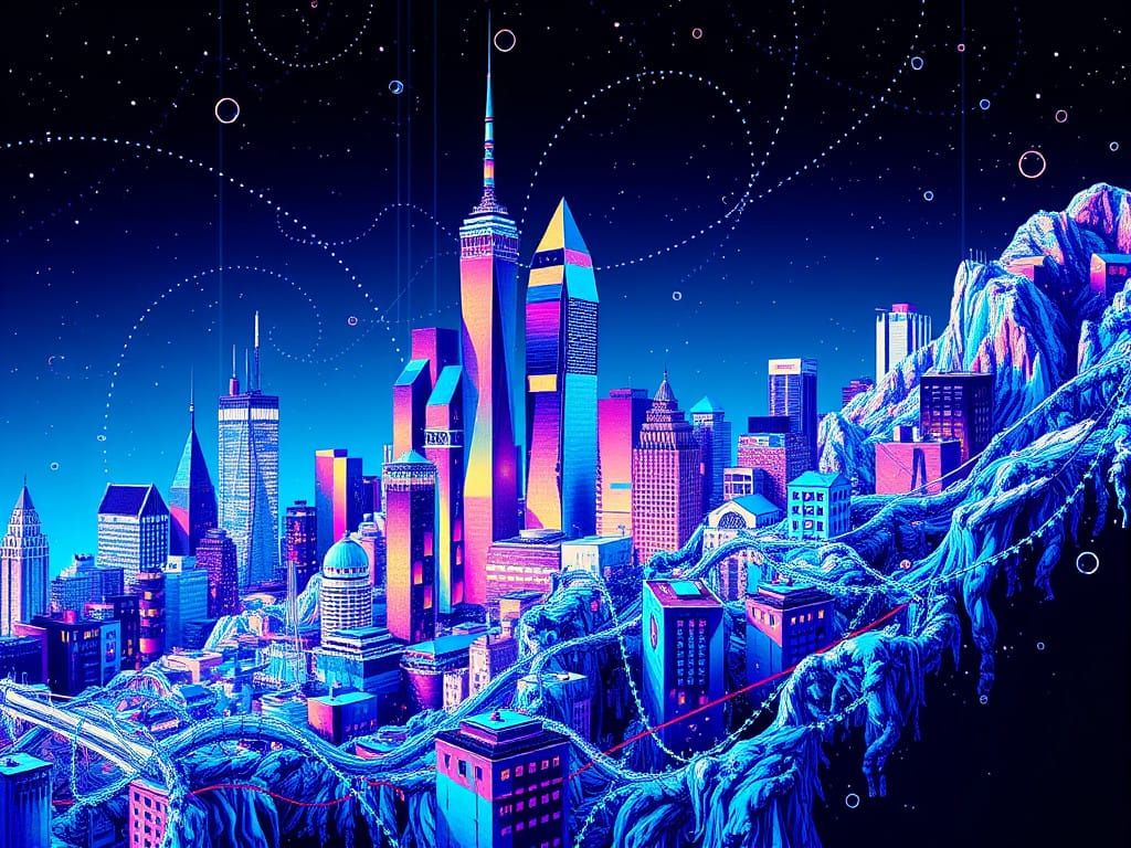 Psychedelic Cubist Azure Landscape in Murky Chrome