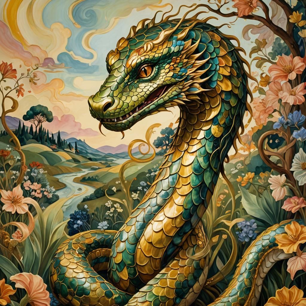 Majestic Serpent in Dreamy, Symbolic Art Landscape