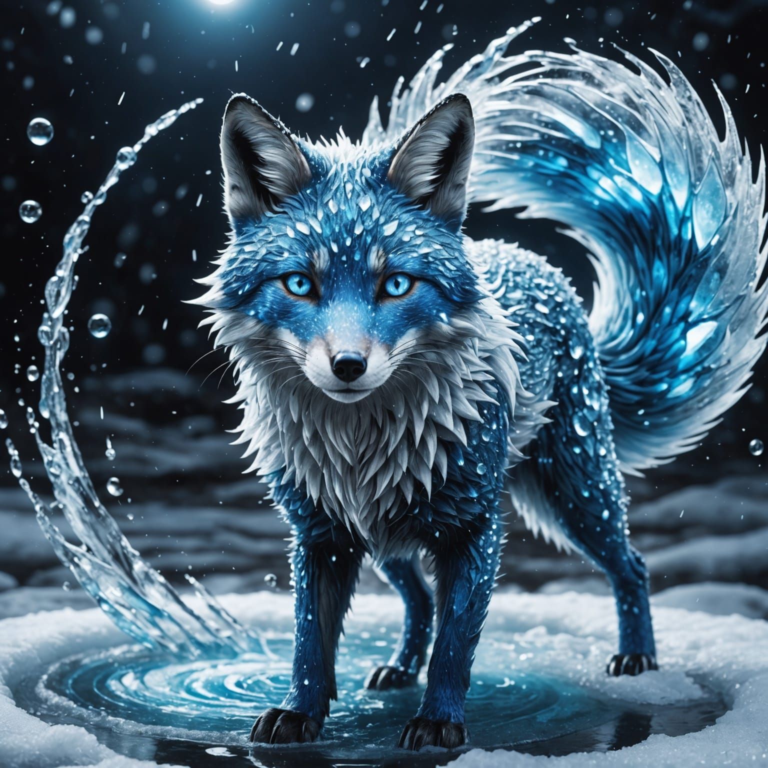 Icy Blue Fox Conjuring Water Vortex, Cel-Shaded