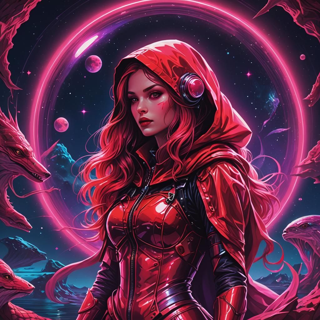 Synthwave Space Mermaid in Red Riding Hood