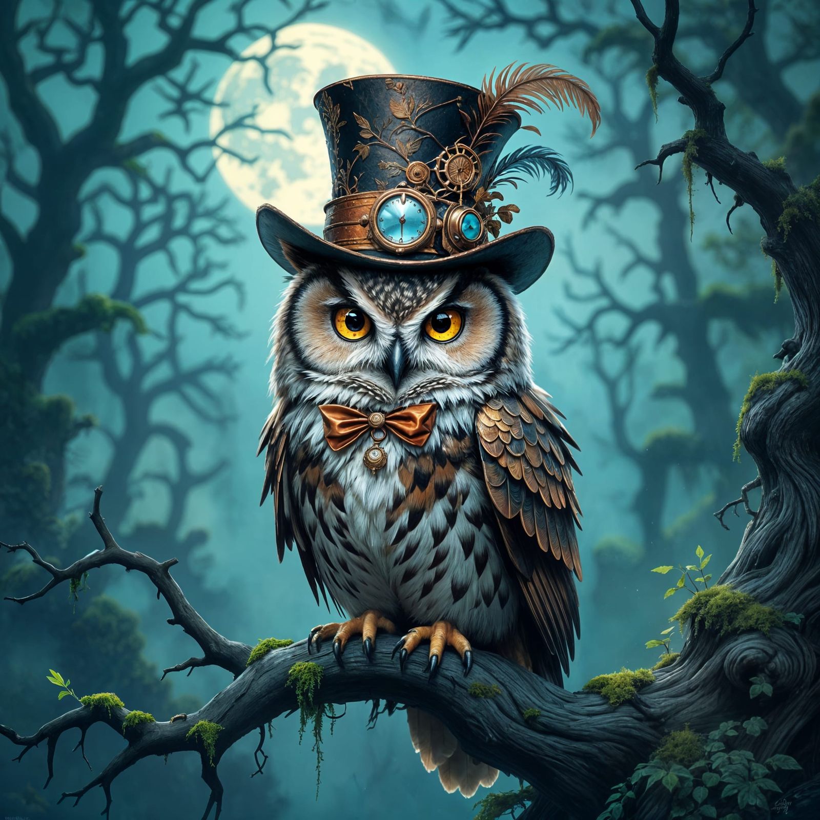 Ancient Owl with Clockwork Eyes in Enchanted Forest