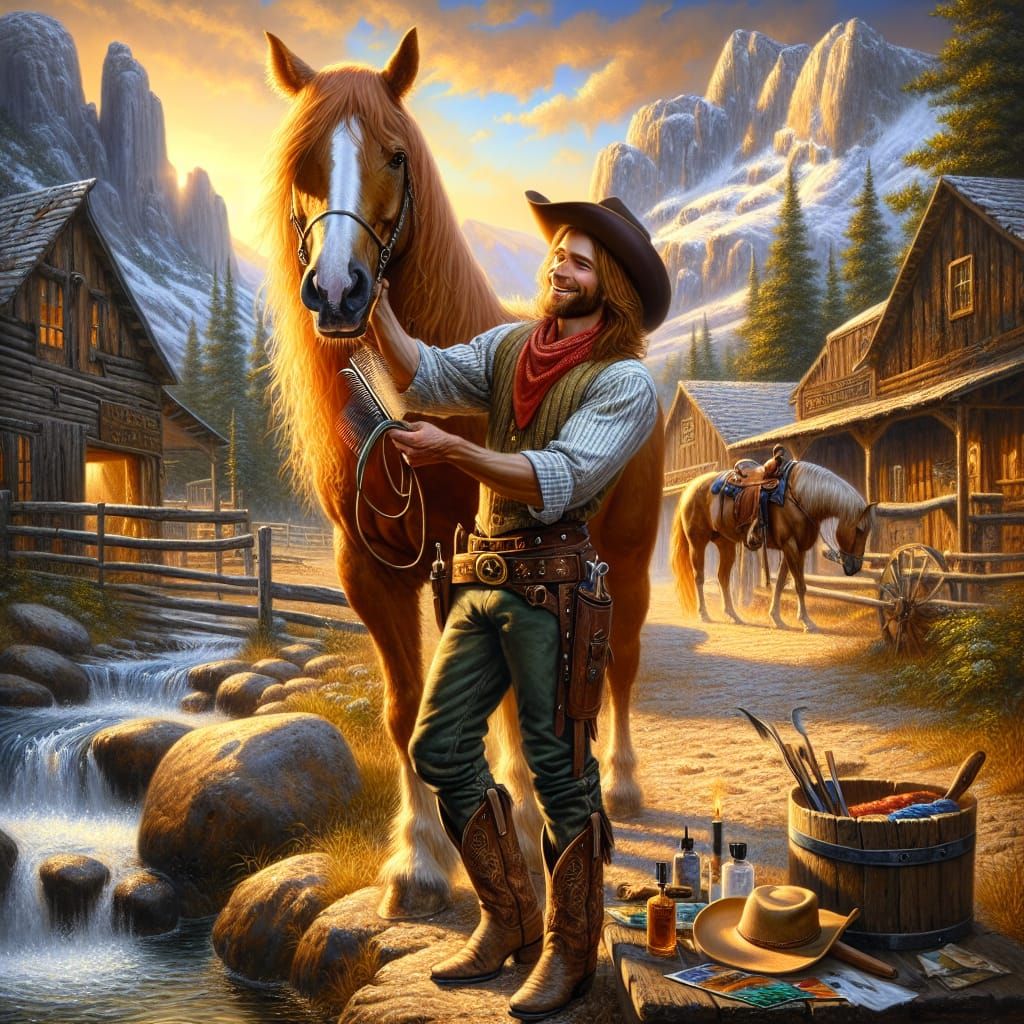 Cowboy and Horse Grooming at Sunset in Oil Painting