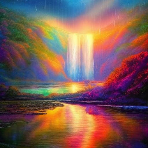 Rainy Sunset Fairy Waterfall in Maximalist Style