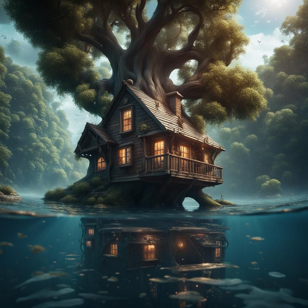 hyperrealistic wood house in a  tree under the water