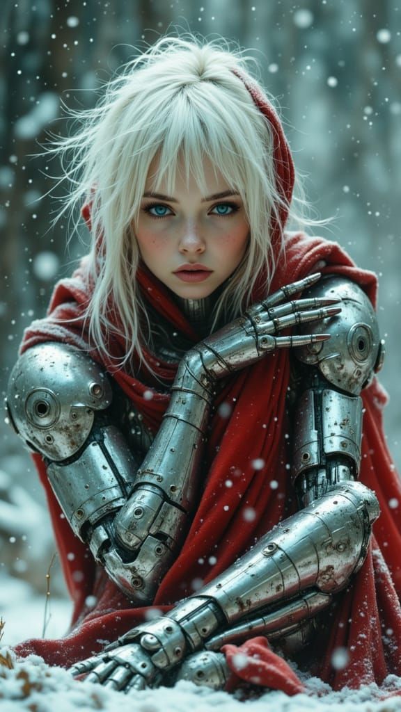 Ethereal Cyborg Woman with Robot Companion on Snowy Sci-Fi P...