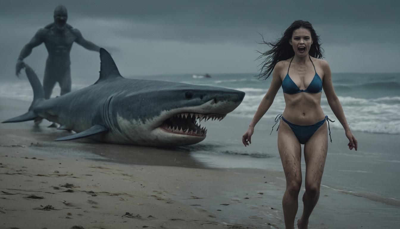 Grotesque Woman-Shark Hybrid on Ominous Beach