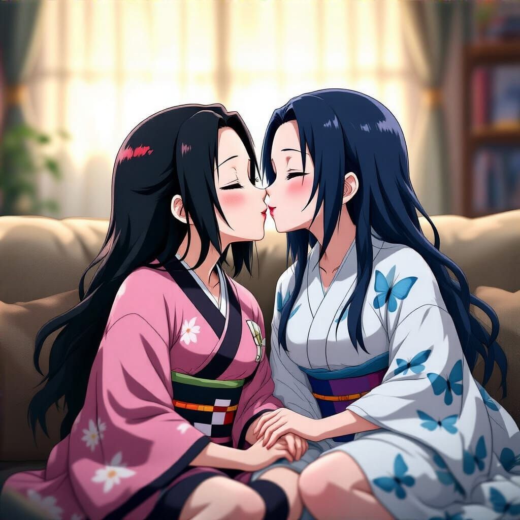 Nezuko and Shinobu Share Intimate Kiss on Couch