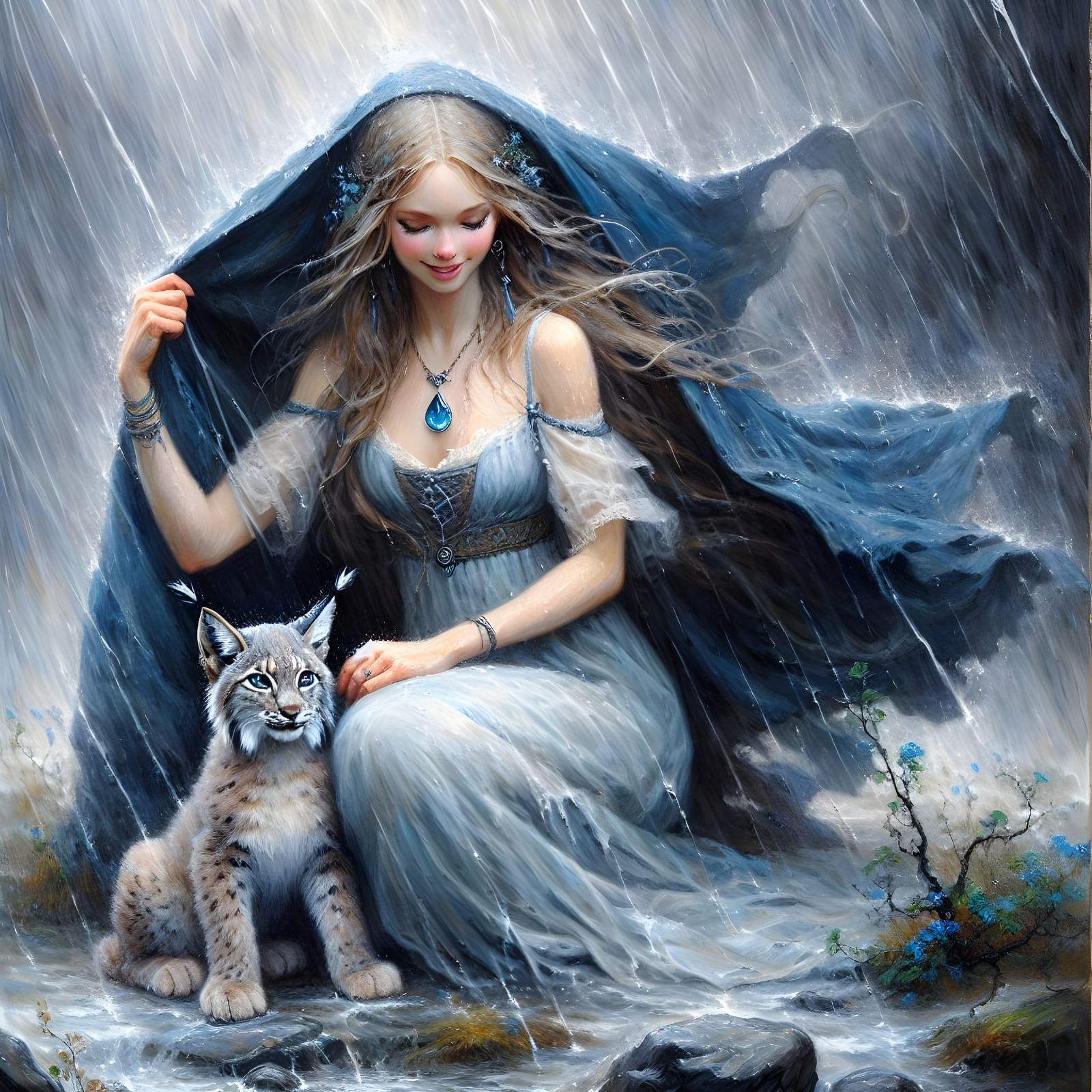 Norse Goddess Protects Fierce Summer Storm with Lynx Cub
