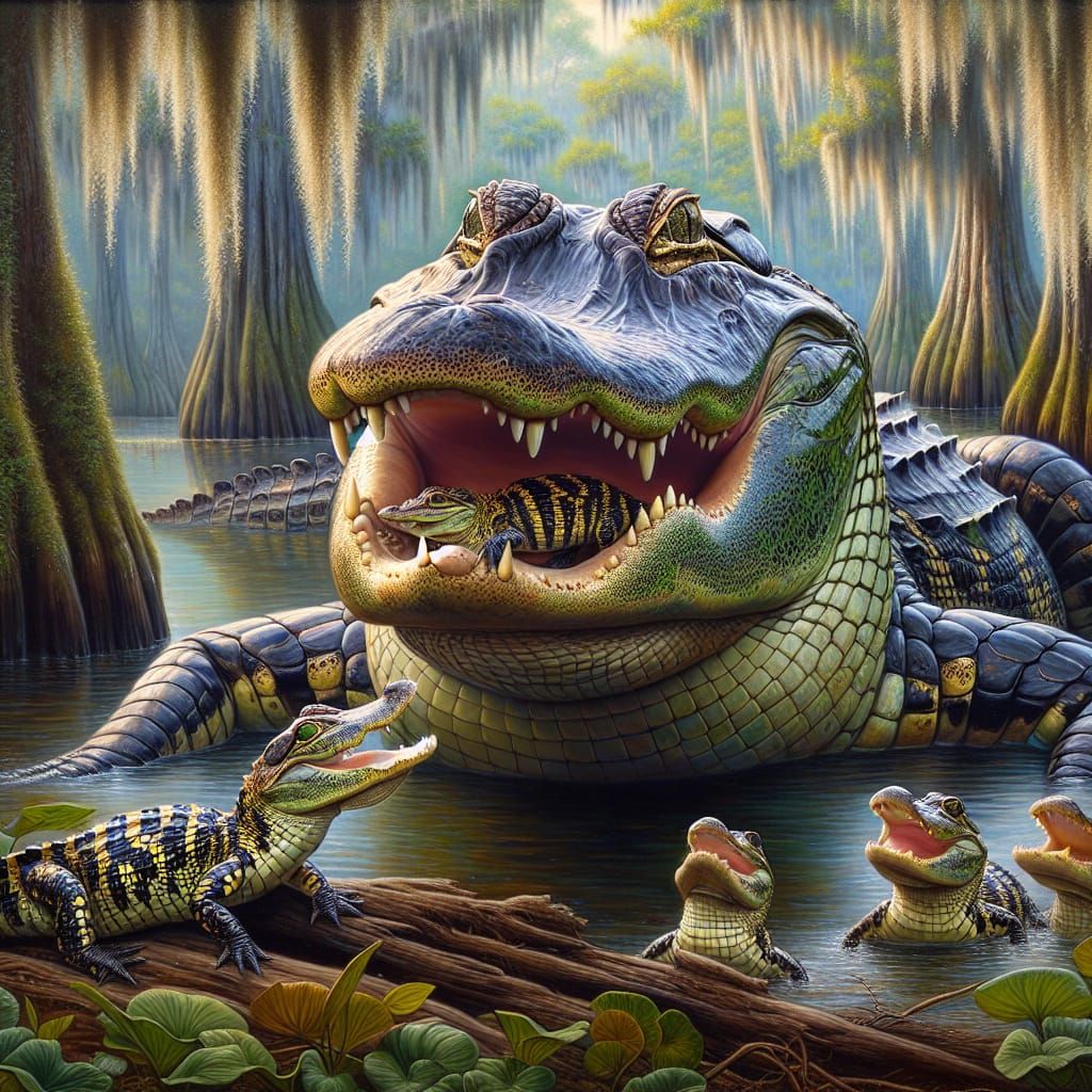 Protective Alligator Mother and Babies in Swamp