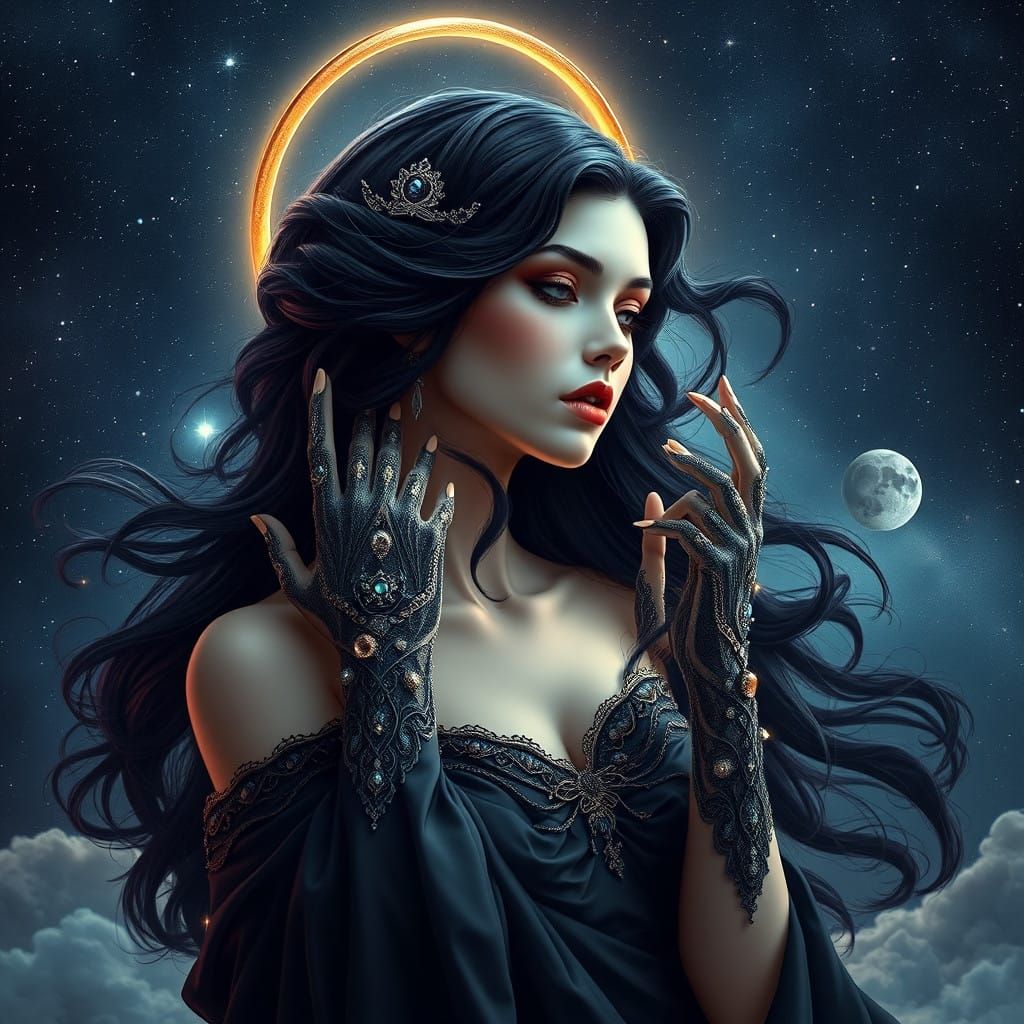 Ethereal Goddess of the Cosmos in Shimmering Black Gown
