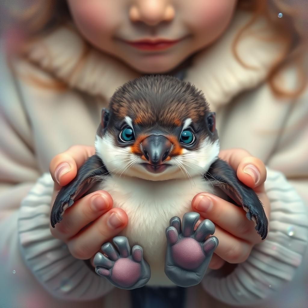 Girl Cradling Penguin-Otter Hybrid Pet in Watercolor