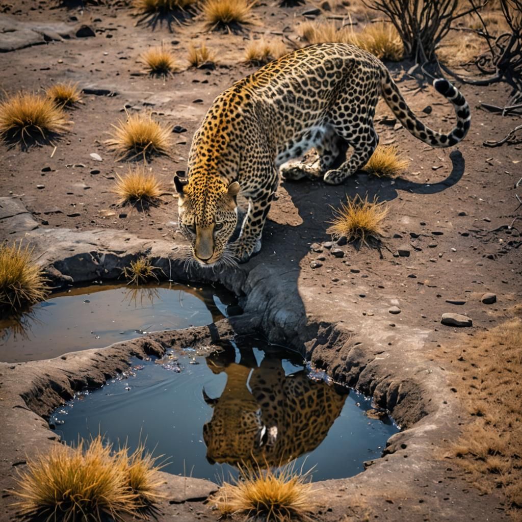 Leopard at Watering Hole, Serengeti Plains in HDR