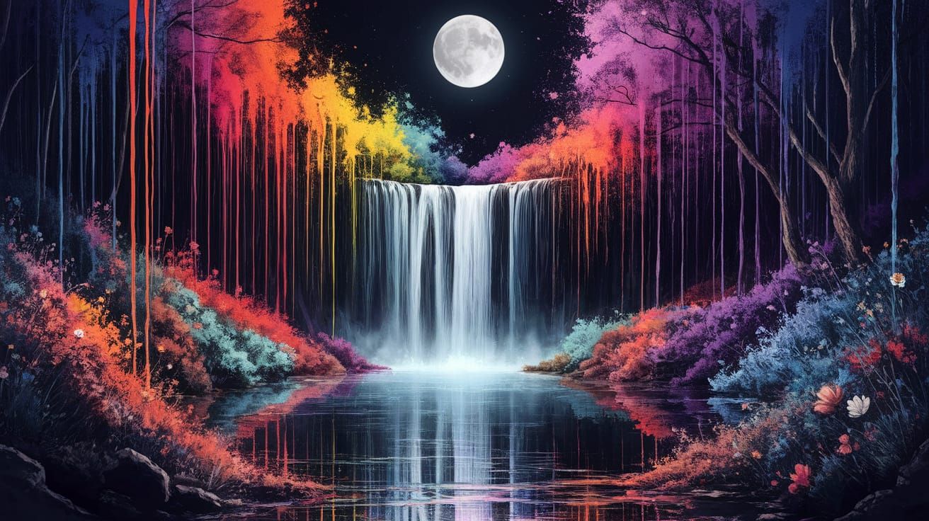 Vibrant Abstract Waterfall on a Full Moon Night