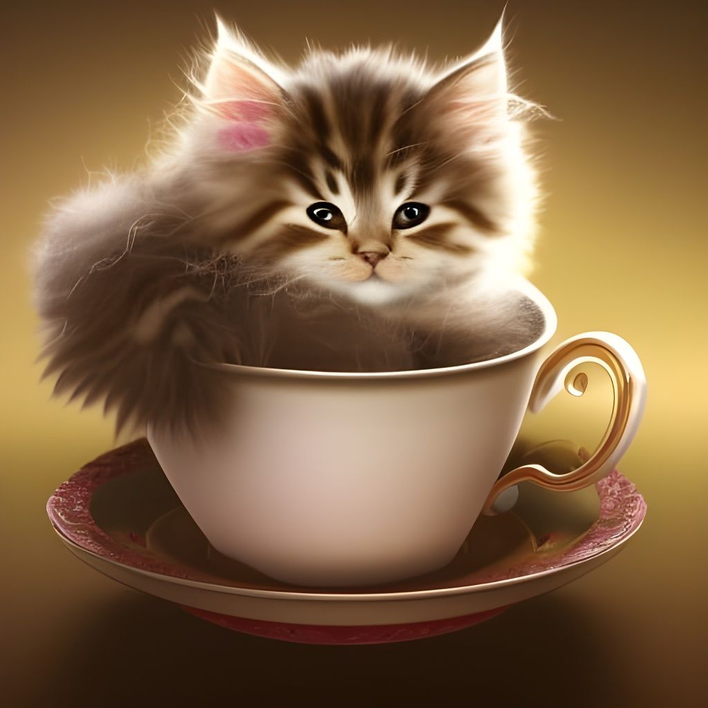 Cute Kitten Sleeping in Teacup: 3D Rendered Art