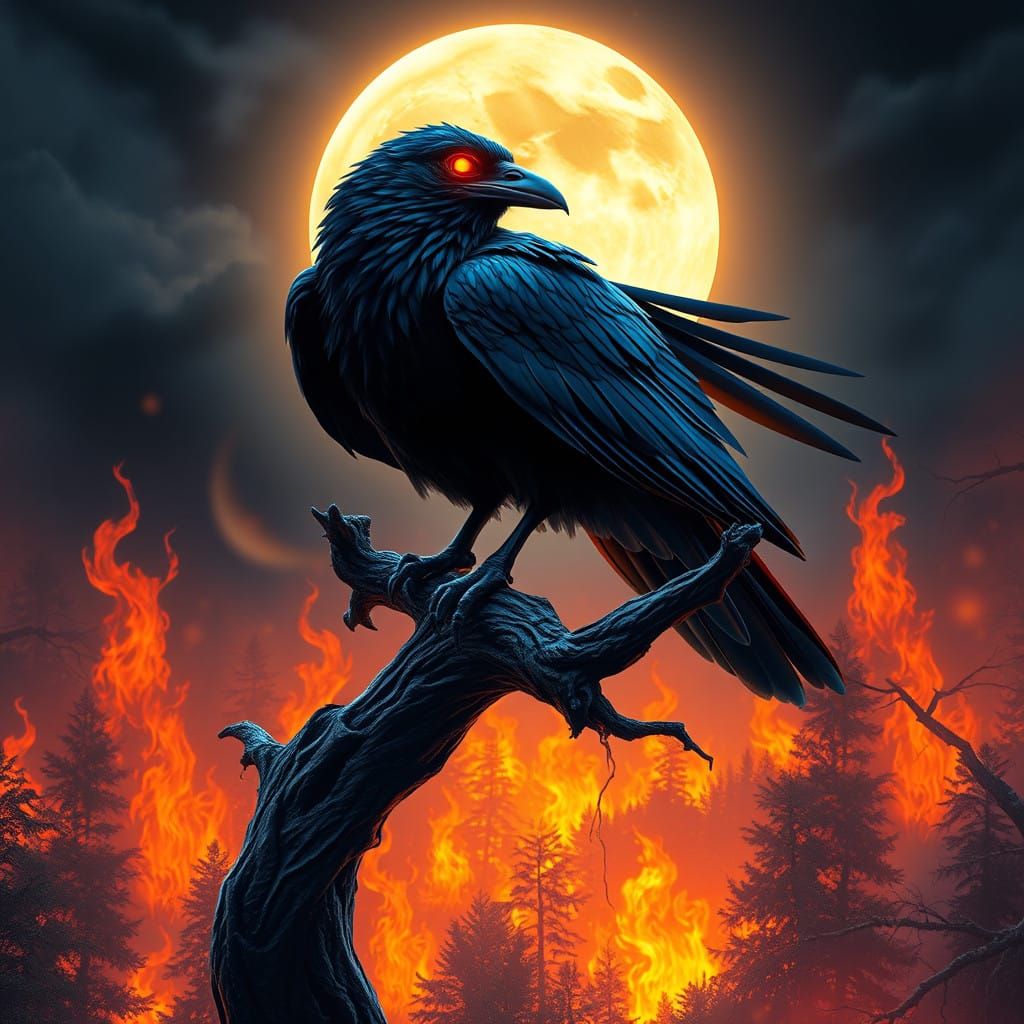 Glowing Raven Perched on Burning Tree Branch in Anime Style