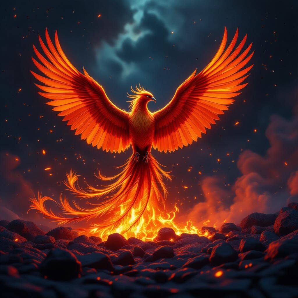 Majestic Phoenix Rises From Fiery Embers in Cosmic Vortex