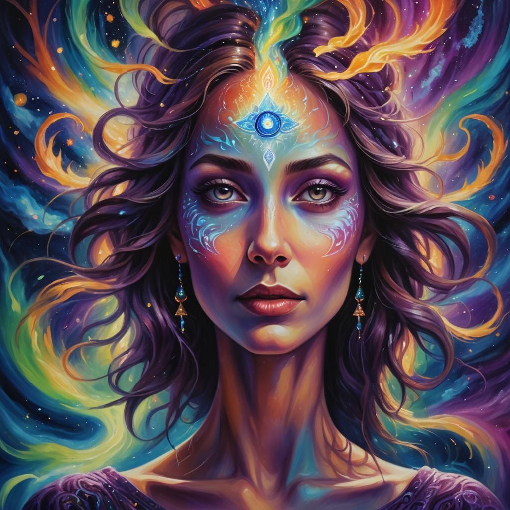 Woman with Third Eye in Surreal Aurora