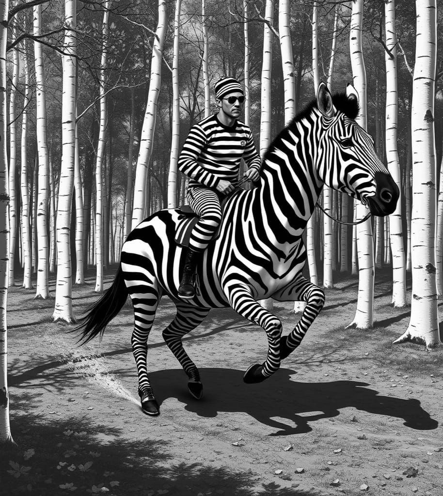 Fugitive in Striped Clothes Rides Zebra Through Birch Grove