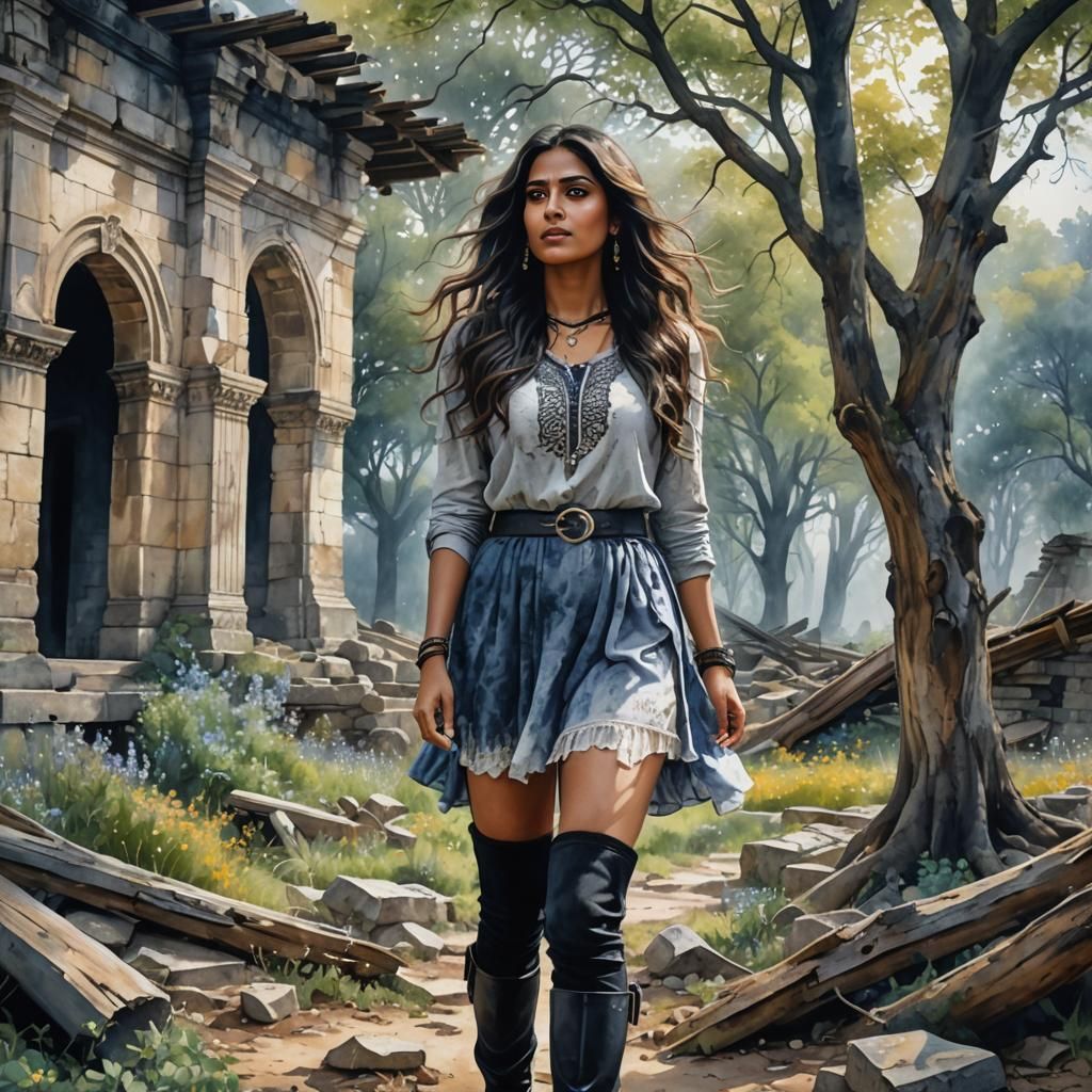 Surreal Watercolor of an Indian Woman in Ruins