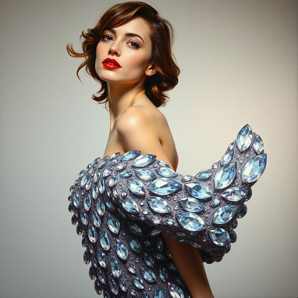 Graceful Woman in Crystal Gown as Impasto Painting