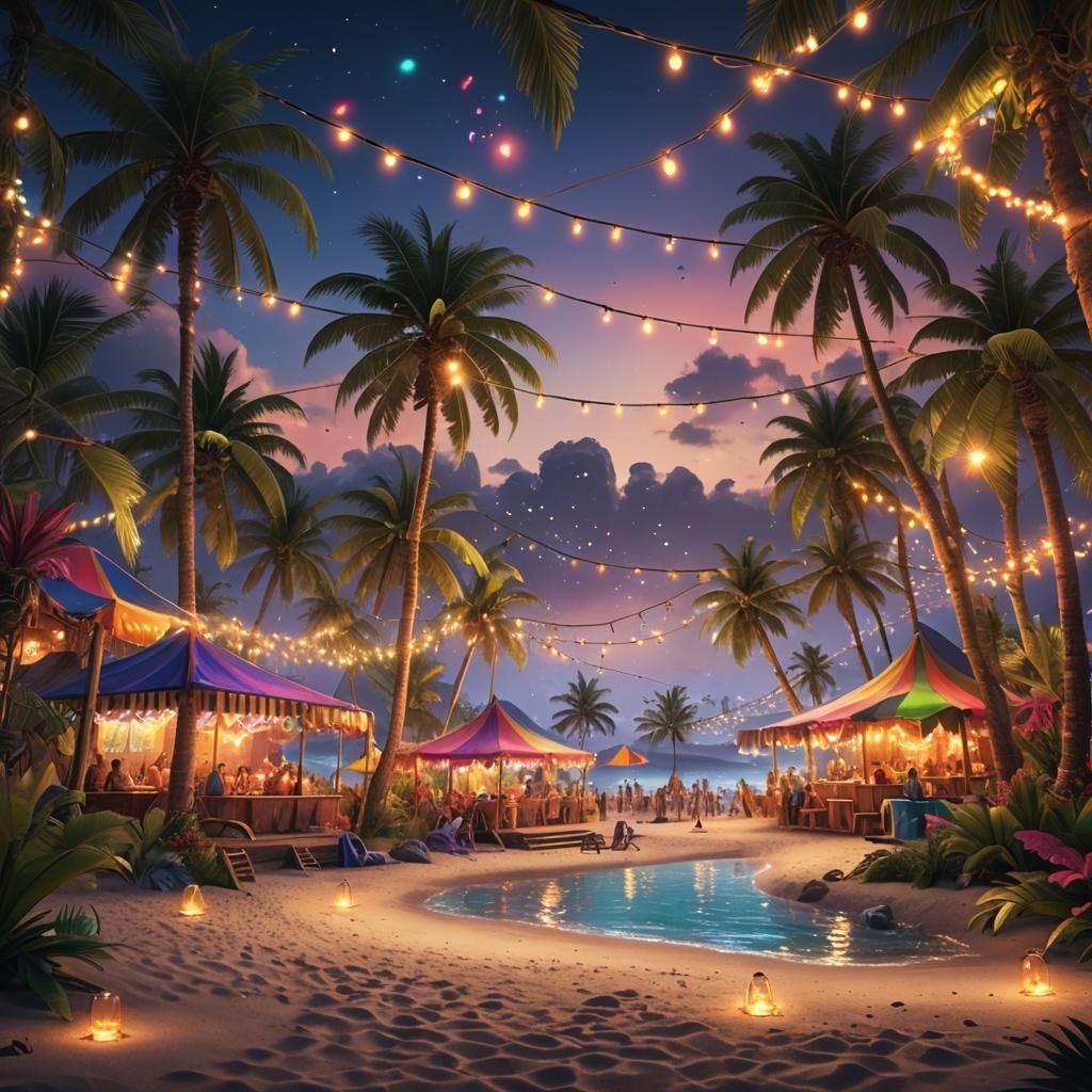 Vibrant Beach Party with Fairy Lights