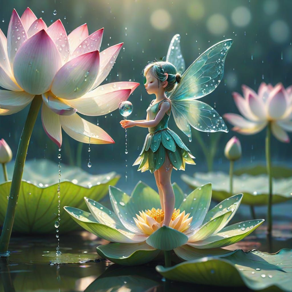 Fairy Drinks Dew from Lotus Flower: Macro Photograph